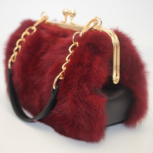 Neiman Marcus Red Rabbit Fur Multicolor Print Clutch Bag - Picture 3 of 5
